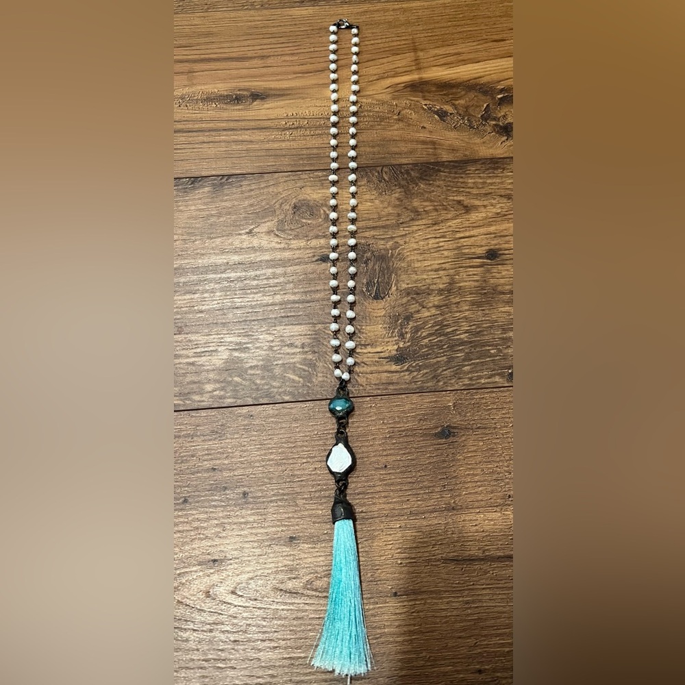 White and Teal Tassel Necklace